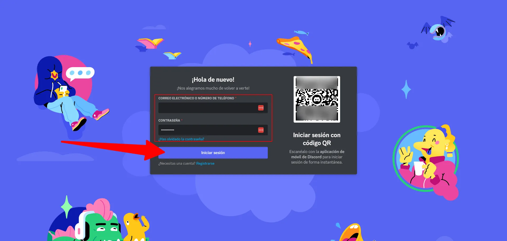 Pantalla de inicio de sesión de Discord