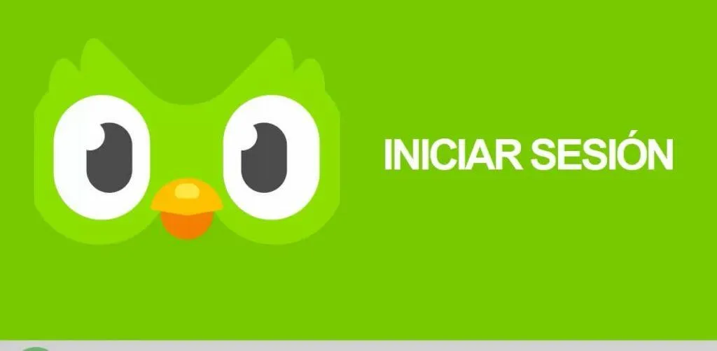 Pantalla de inicio de sesión de la aplicación Duolingo con un fondo verde y el logo de un búho en la parte izquierda, que invita a los usuarios a iniciar sesión en su cuenta para aprender idiomas.