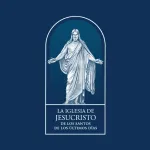 Logo de La Iglesia de Jesucristo de los Santos de los Últimos Días, que presenta una imagen estilizada de Jesucristo en un marco arqueado sobre un fondo azul.