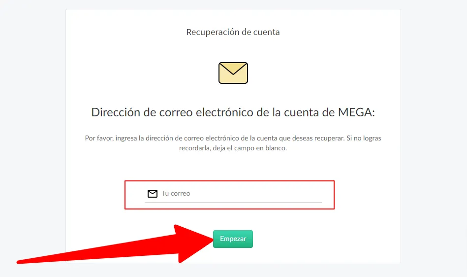 Proceso de recuperación de contraseña en MEGA.nz