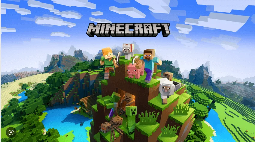 Imagen de Minecraft que muestra a varios personajes del juego en un paisaje tridimensional. Los personajes incluyen un jugador con cabello rubio, un jugador con camisa azul, un cerdo, una oveja y un creeper. El fondo presenta montañas y un lago, con un cielo azul y nubes. El logotipo de Minecraft se encuentra en la parte superior de la imagen.