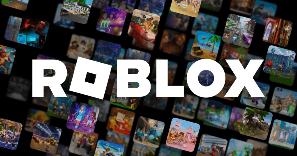 Logo de Roblox destacado en el centro, rodeado de múltiples miniaturas de juegos y experiencias dentro de la plataforma, que muestran la variedad de mundos virtuales y actividades disponibles para los usuarios.