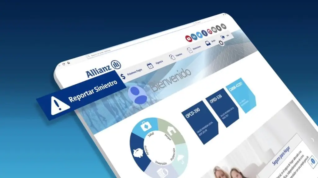 Pantalla de inicio de la página web de Allianz, mostrando la opción de Reportar Siniestro y un mensaje de bienvenida, junto a íconos de servicios como salud, hogar, inversión y protección.