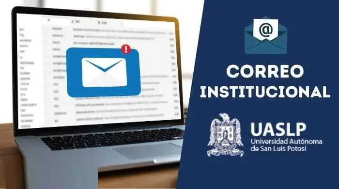Imagen de un ordenador portátil mostrando una bandeja de entrada de correo electrónico, con un ícono de mensaje nuevo y el texto Correo Institucional de la Universidad Autónoma de San Luis Potosí. La imagen resalta la importancia de la comunicación digital en el ámbito académico.