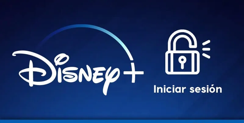 Logo de Disney+ junto al icono de un candado y la opción para iniciar sesión, sobre un fondo azul oscuro.