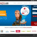 Página de inicio de FacturaFiel.com, que ofrece un servicio de prepago de facturas. Destaca una invitación a registrarse para obtener 10 facturas gratis. Se observa un personaje animado utilizando una computadora, junto a un formulario de inicio de sesión. También se presentan logotipos de tiendas participantes donde se pueden adquirir tarjetas de prepago.