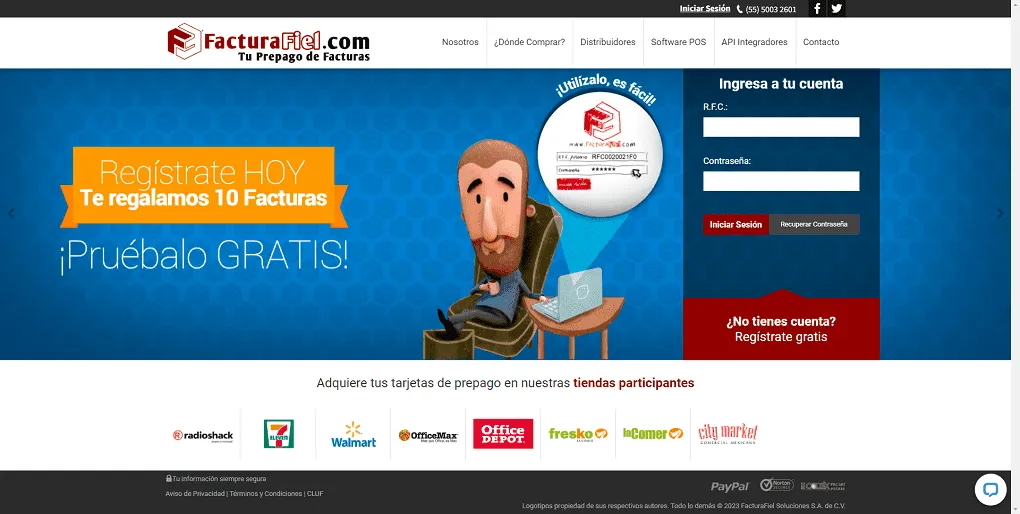 Página de inicio de FacturaFiel.com, que ofrece un servicio de prepago de facturas. Destaca una invitación a registrarse para obtener 10 facturas gratis. Se observa un personaje animado utilizando una computadora, junto a un formulario de inicio de sesión. También se presentan logotipos de tiendas participantes donde se pueden adquirir tarjetas de prepago.