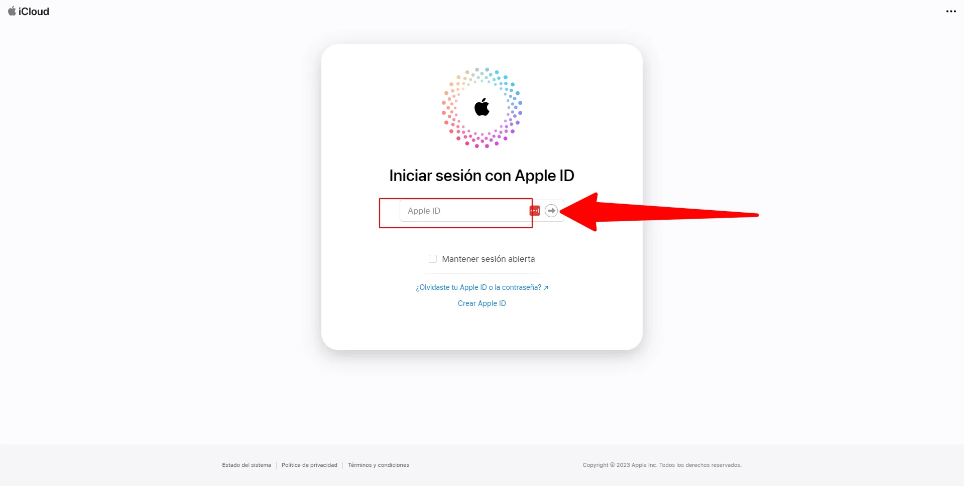 Pantalla de login para iniciar sesion en iCloud