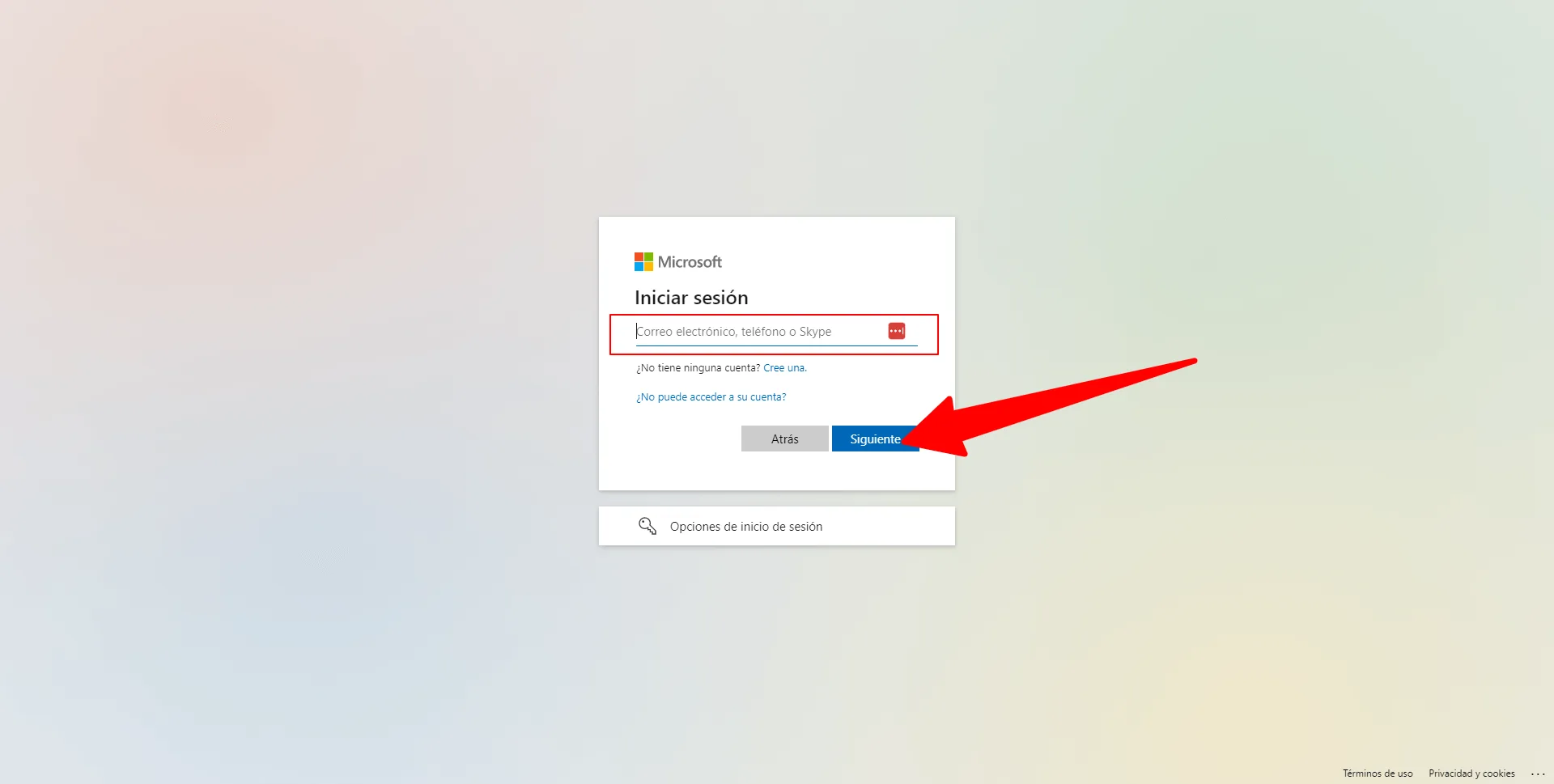 Interfaz de inicio de sesión de OneDrive