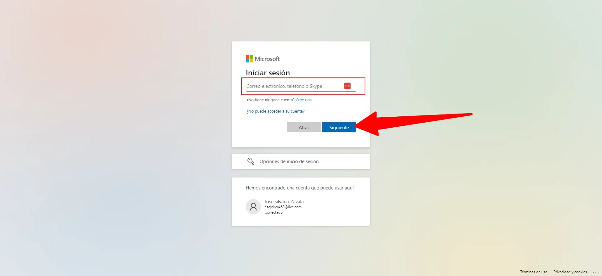 Imagen principal de login en Outlook