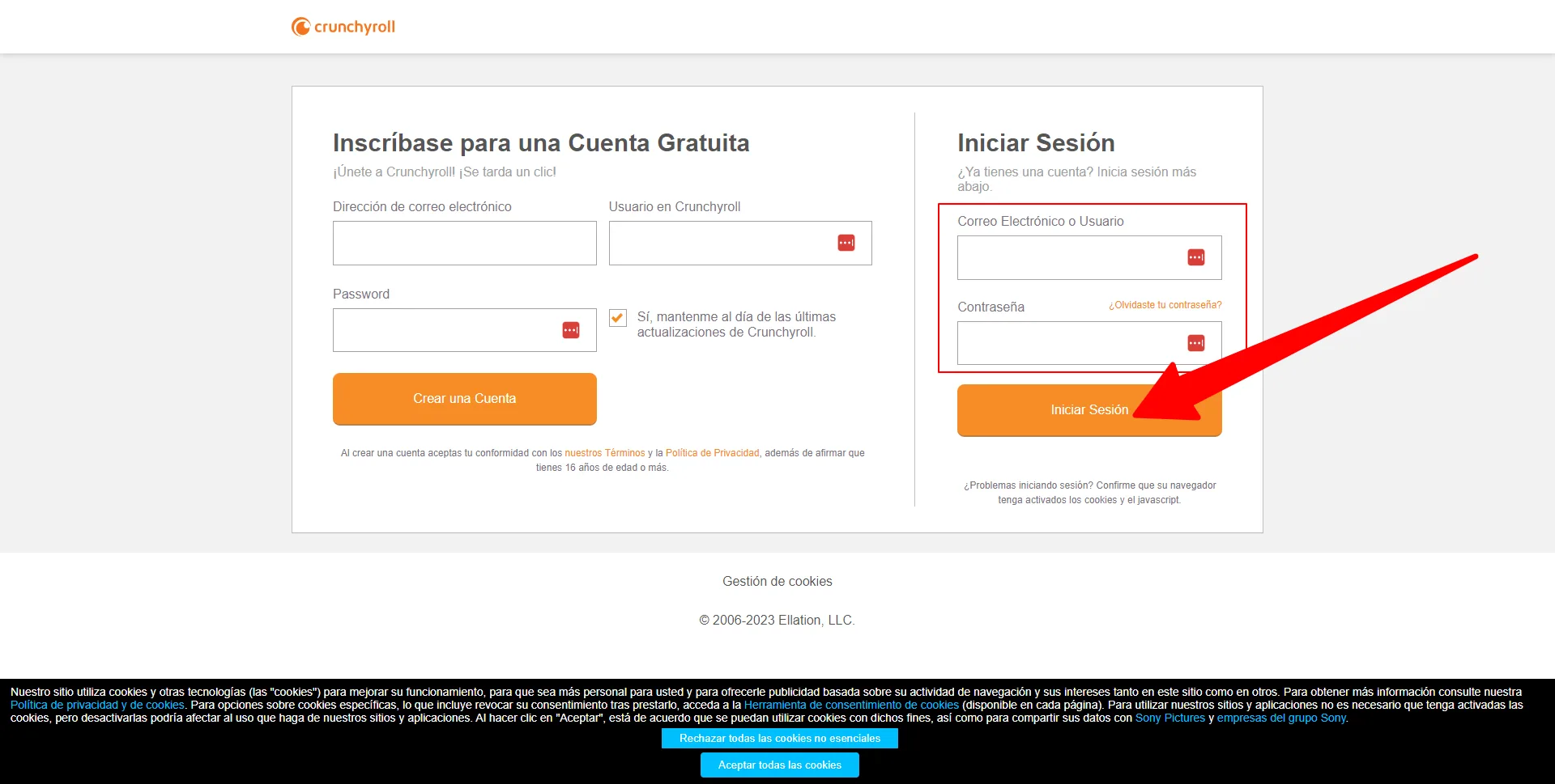 Pantalla de inicio de sesión de Crunchyroll