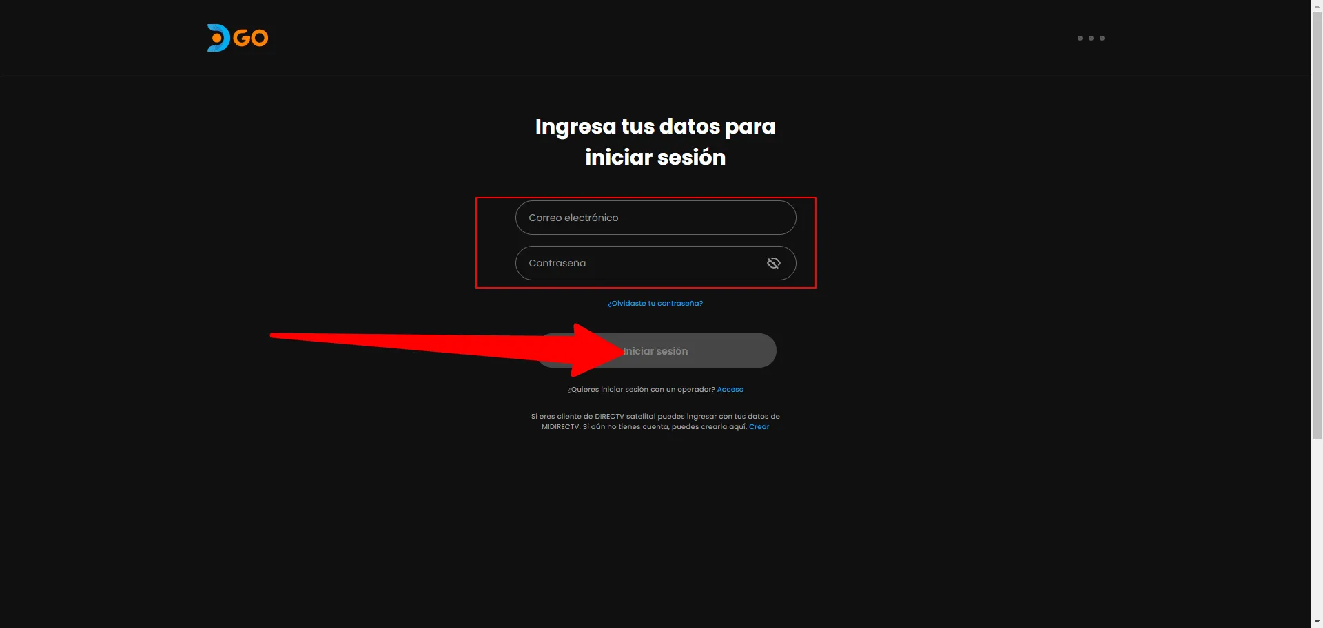Pantalla de inicio de sesión de DIRECTV GO