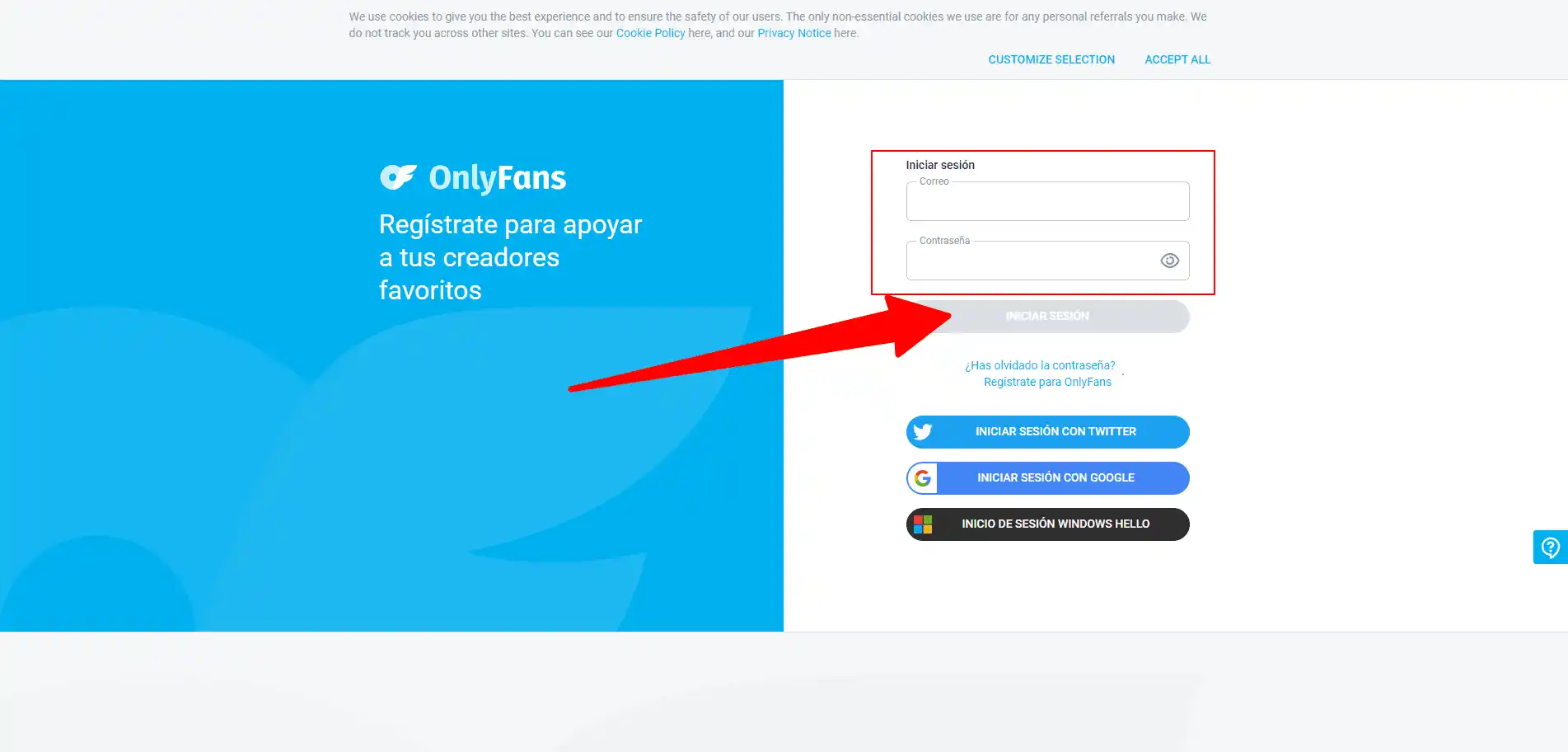 Pantalla de Iniciar Sesión en OnlyFans