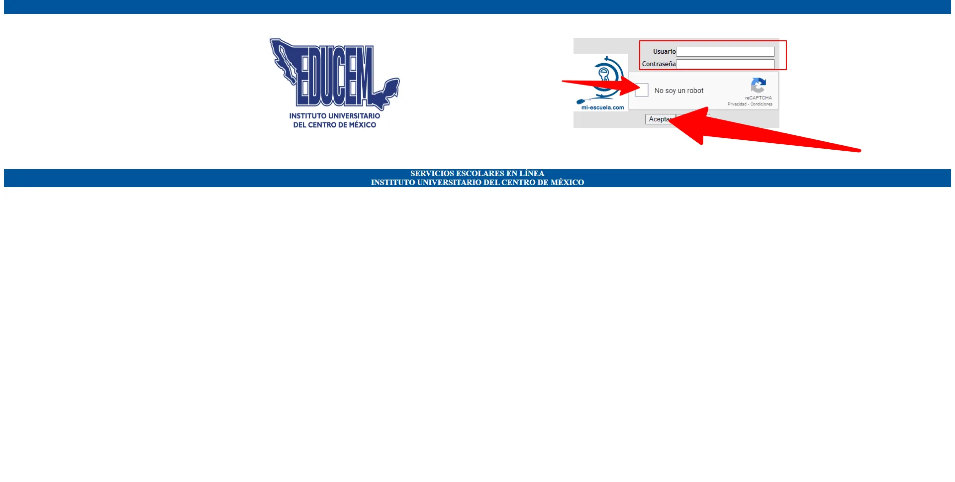 Pantalla de inicio de sesión de Mi EDUCEM
