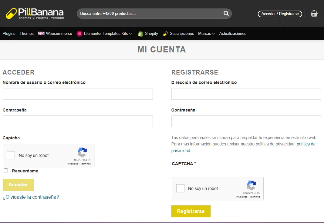 Pantalla de inicio de sesión de PillBanana