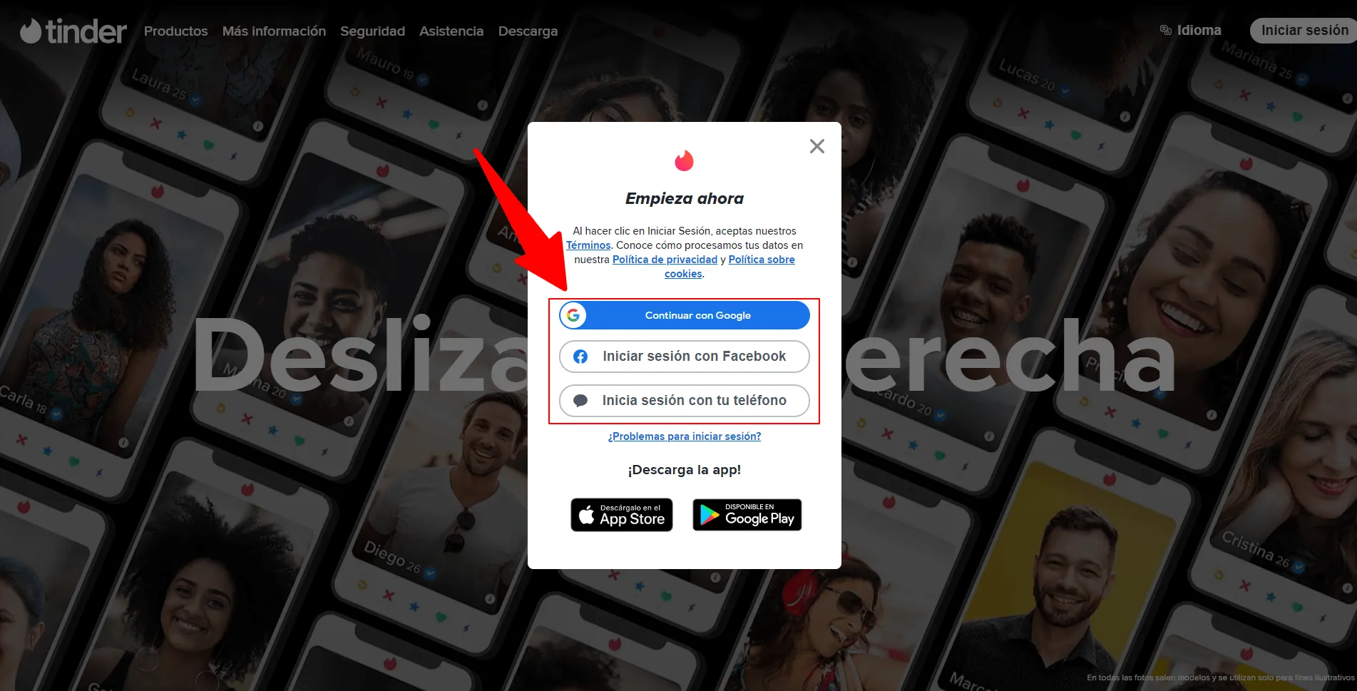 Pantalla de inicio de sesión en Tinder para PC