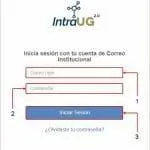 Pantalla de inicio de sesión de IntraUG 2.0, donde los usuarios pueden ingresar su correo institucional y contraseña. Incluye un botón para iniciar sesión y un enlace para recuperar la contraseña.