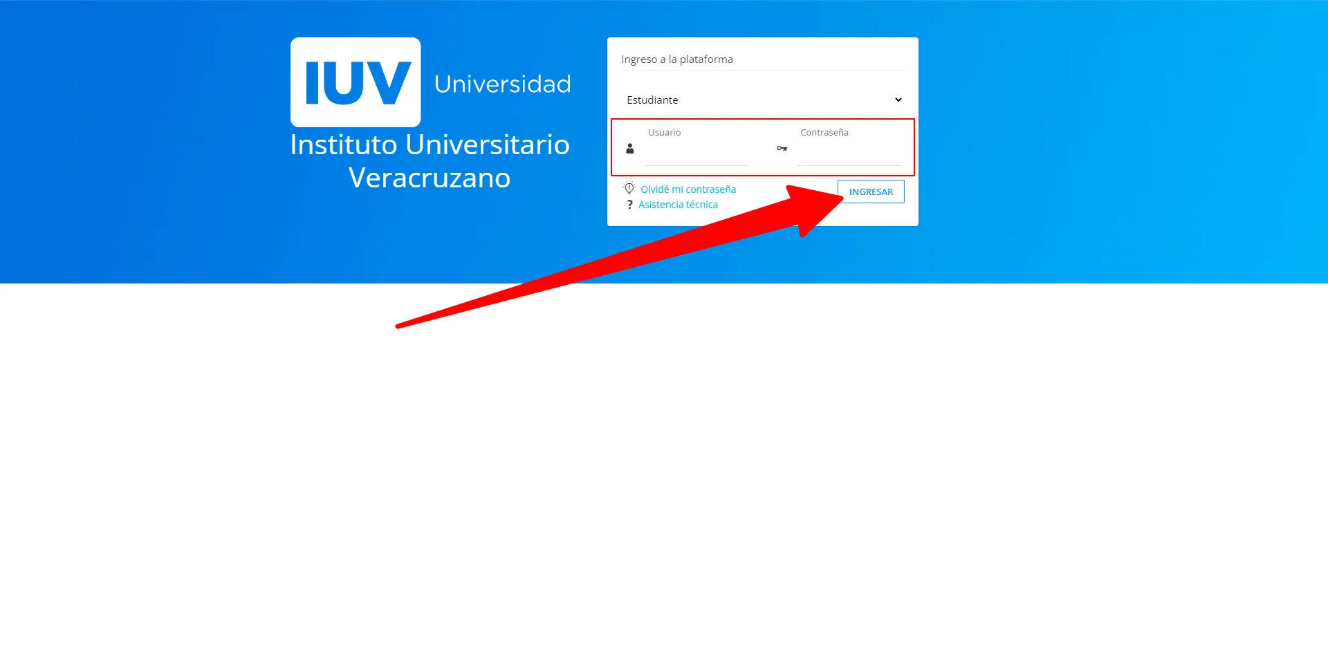 Interfaz de inicio de sesión de Aulanet IUV Virtual