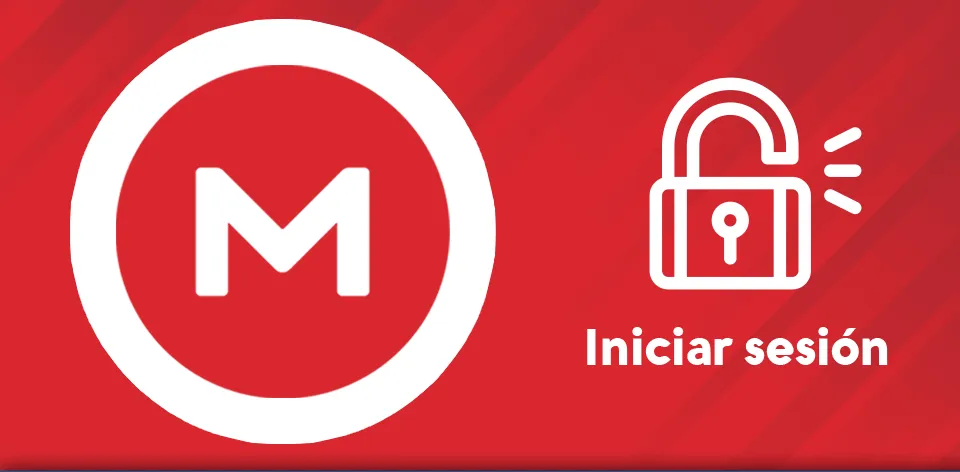 Logo de Mega en un fondo rojo con un ícono de candado abierto y el texto Iniciar sesión, representando el acceso a la plataforma de almacenamiento en la nube.