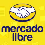 Logo de Mercado Libre con un diseño de fondo amarillo que incluye íconos relacionados con el comercio electrónico, simbolizando la compra y venta en línea.