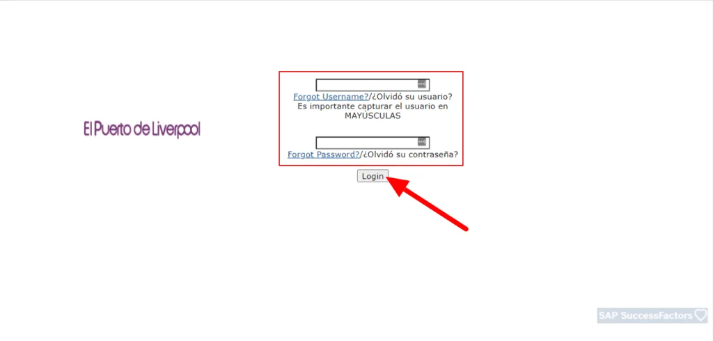 Interfaz de inicio de sesión de SuccessFactors Liverpool
