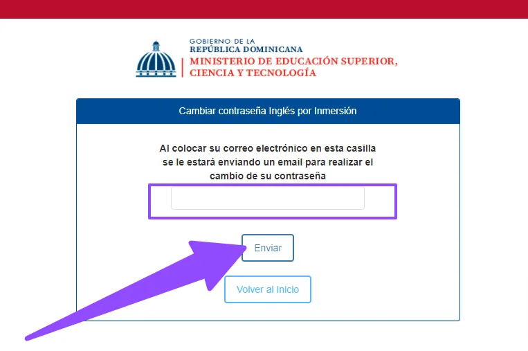 Pantalla de recuperación de contraseña del programa de Inglés por Inmersión
