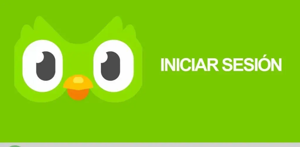Pantalla de inicio de sesión de la aplicación Duolingo con un fondo verde y el logo de un búho en la parte izquierda, que invita a los usuarios a iniciar sesión en su cuenta para aprender idiomas.
