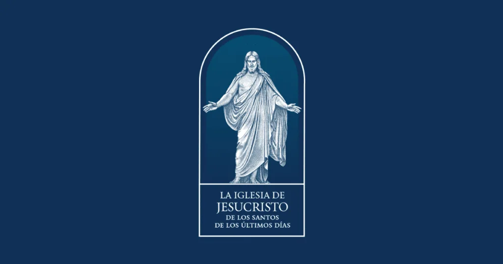 Logo de La Iglesia de Jesucristo de los Santos de los Últimos Días, que presenta una imagen estilizada de Jesucristo en un marco arqueado sobre un fondo azul.