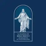 Logo de La Iglesia de Jesucristo de los Santos de los Últimos Días, que presenta una imagen estilizada de Jesucristo en un marco arqueado sobre un fondo azul.