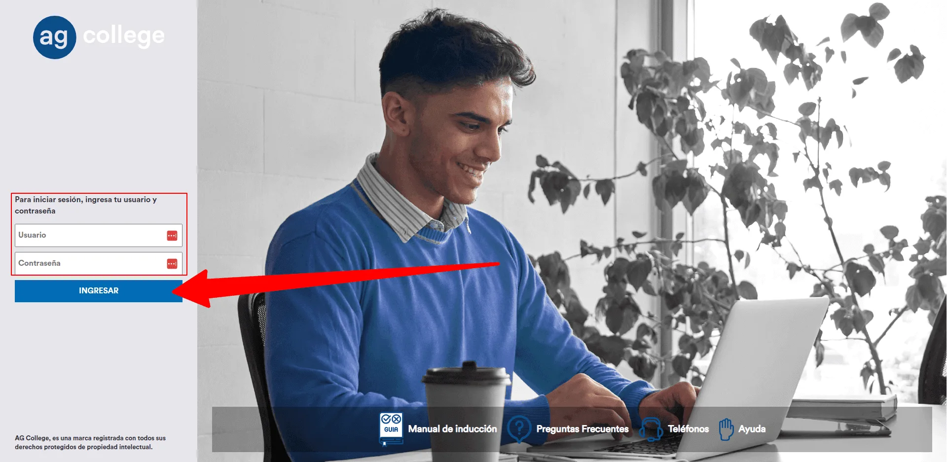 Pantalla de inicio de sesión de AG College