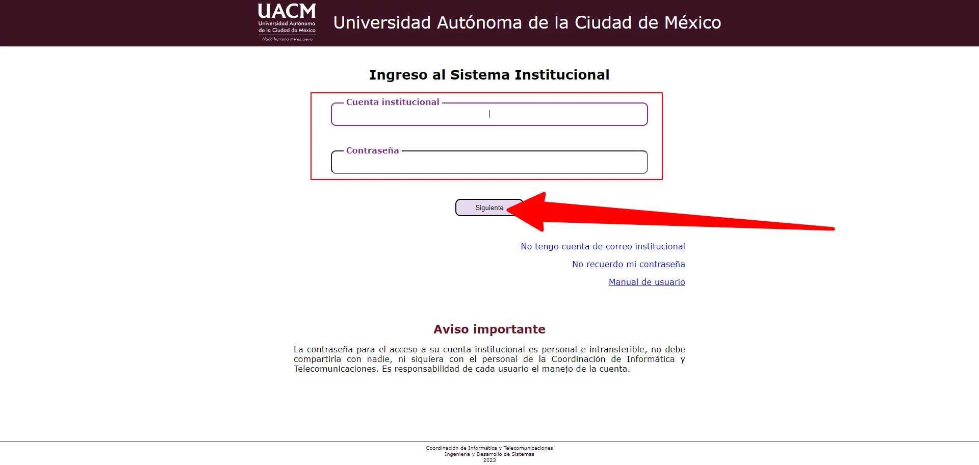 Interfaz de login del Sistema Institucional UACM estudiante
