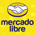 Logo de Mercado Libre con un diseño de fondo amarillo que incluye íconos relacionados con el comercio electrónico, simbolizando la compra y venta en línea.