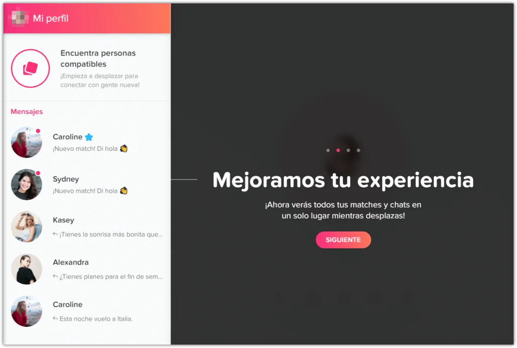 Interfaz de aplicación de citas mostrando el perfil del usuario con mensajes de nuevos matches y la opción de mejorar la experiencia en la plataforma. Destaca la función de visualizar todos los matches y chats en un solo lugar.
