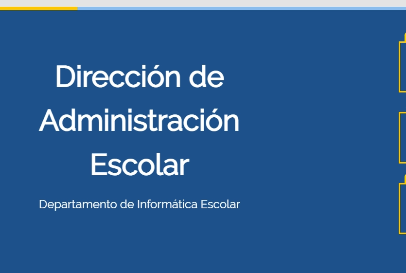 Texto de presentación de la Dirección de Administración Escolar del Departamento de Informática Escolar, con un diseño moderno y profesional en fondo azul.