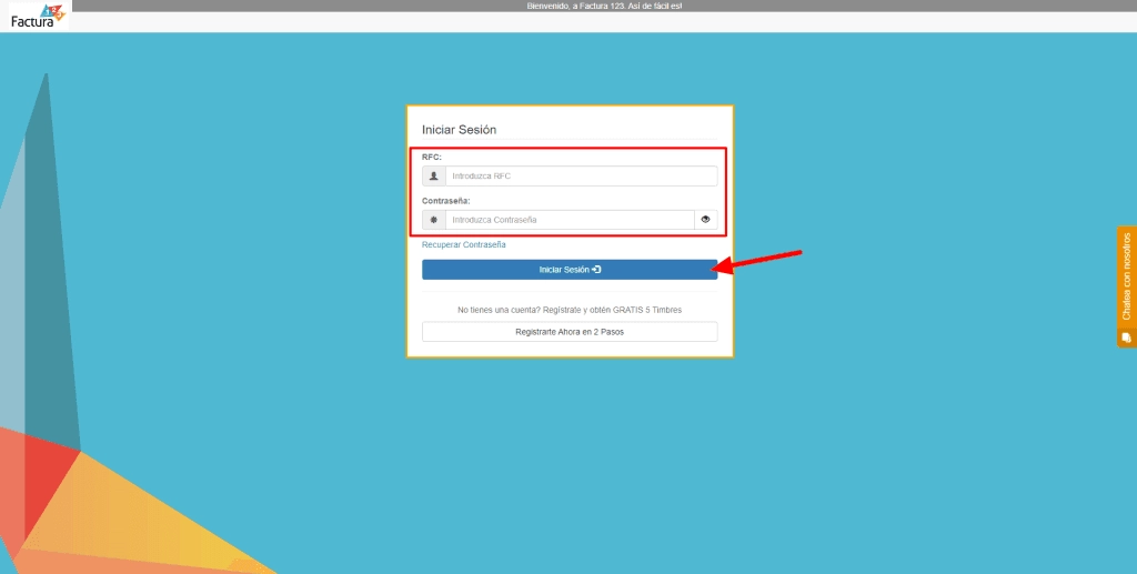 Pantalla de inicio de sesión de Factura123.mx