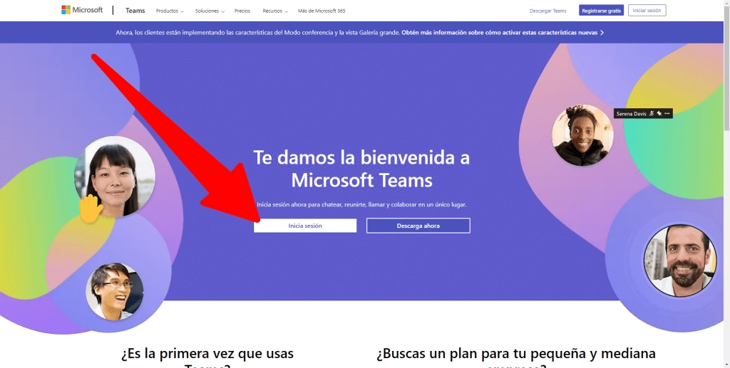 Página de inicio de Microsoft Teams con un mensaje de bienvenida y opciones para iniciar sesión o descargar la aplicación. Se destacan imágenes de personas en círculos y un fondo colorido.