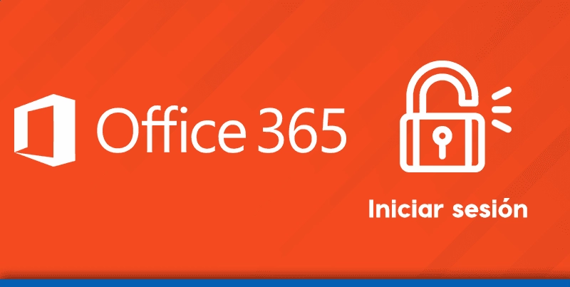 Imagen de Office 365 con un fondo naranja que incluye el logotipo de la plataforma y un icono de candado junto al texto Iniciar sesión, representando el acceso seguro a los servicios de Microsoft.