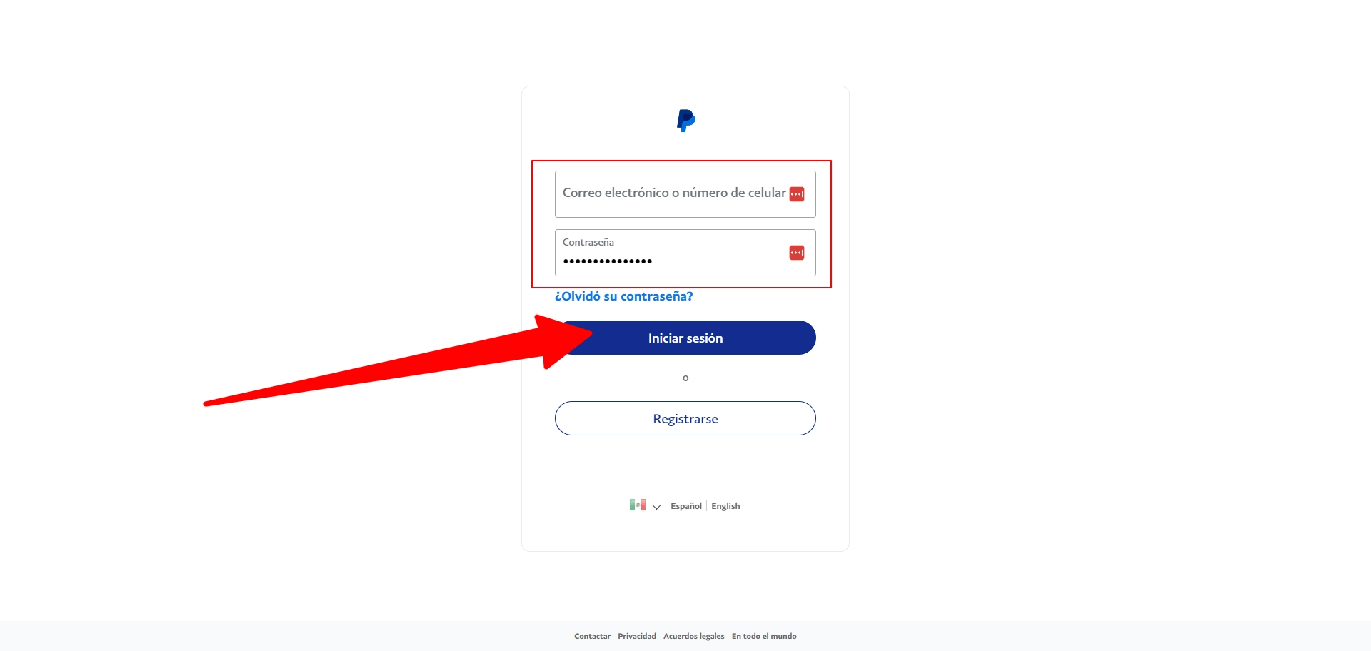Imagen principal del login de PayPal