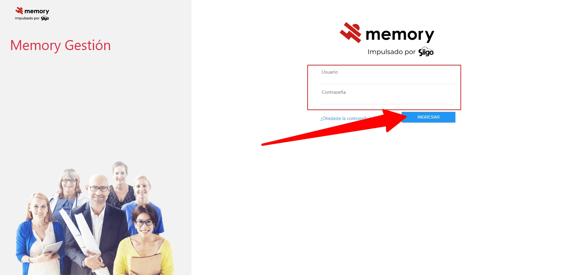Pantalla de inicio de sesión de Siigo Memory que muestra los campos de usuario y contraseña