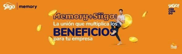 Banner promocional de Memory y Siligo que destaca la unión de ambas plataformas como una forma de aumentar los beneficios para las empresas, con un fondo naranja y gráficos de monedas.