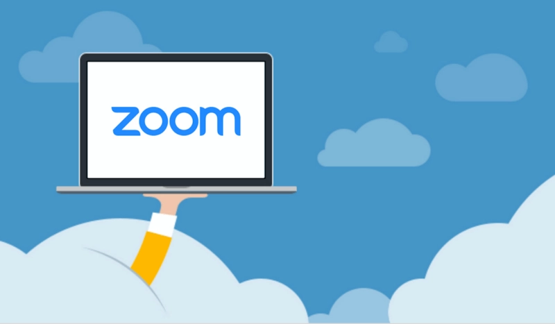 Laptop en la nube con el logo de Zoom, representando la conectividad y las videoconferencias en línea. Ideal para resaltar la importancia de las plataformas de comunicación digital.