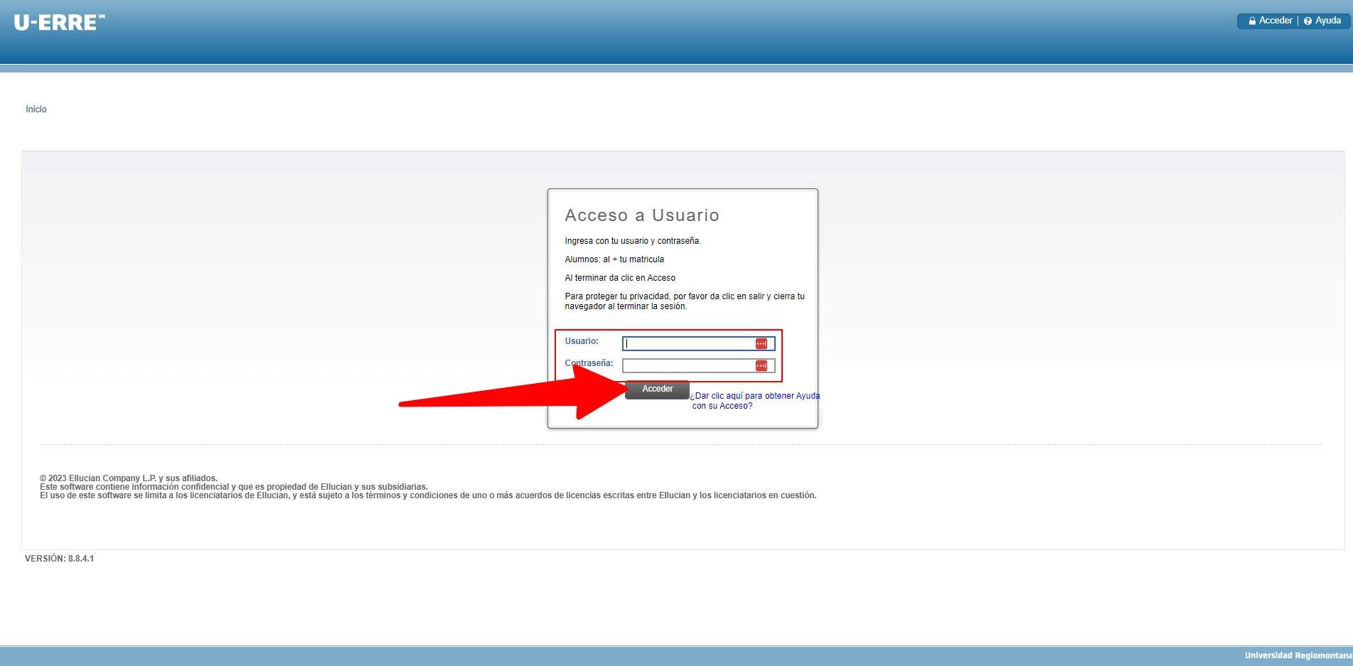 Imagen del portal de inicio de sesión de U-ERRE