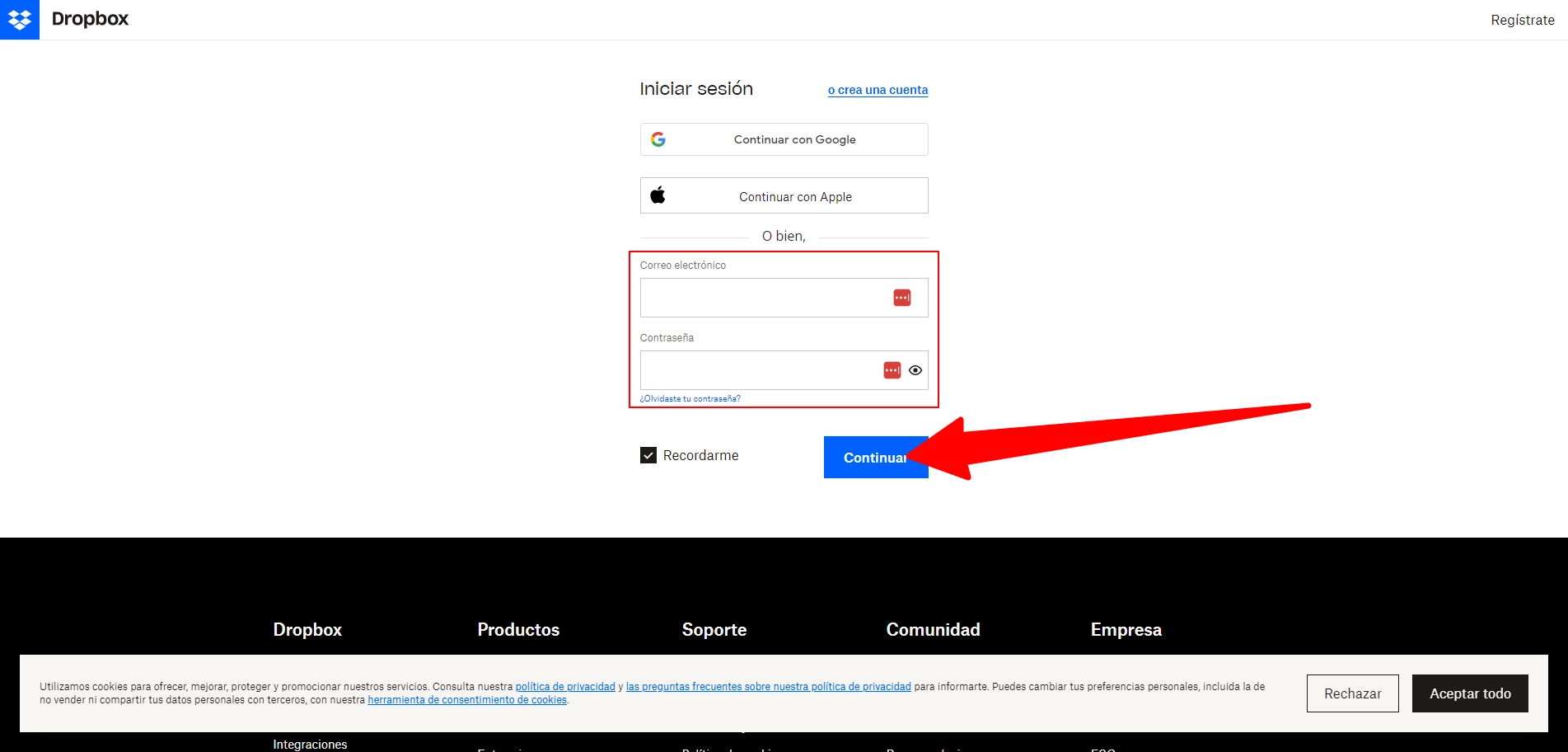 Página de inicio de sesión de Dropbox