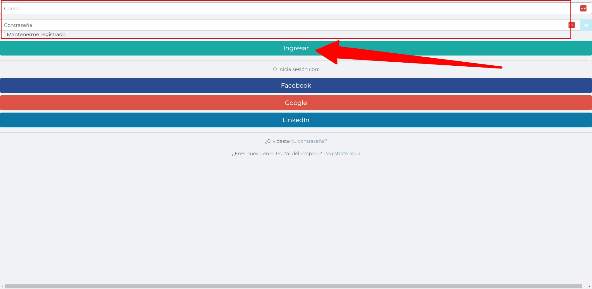 Pantalla de inicio de sesión del Portal del Empleo