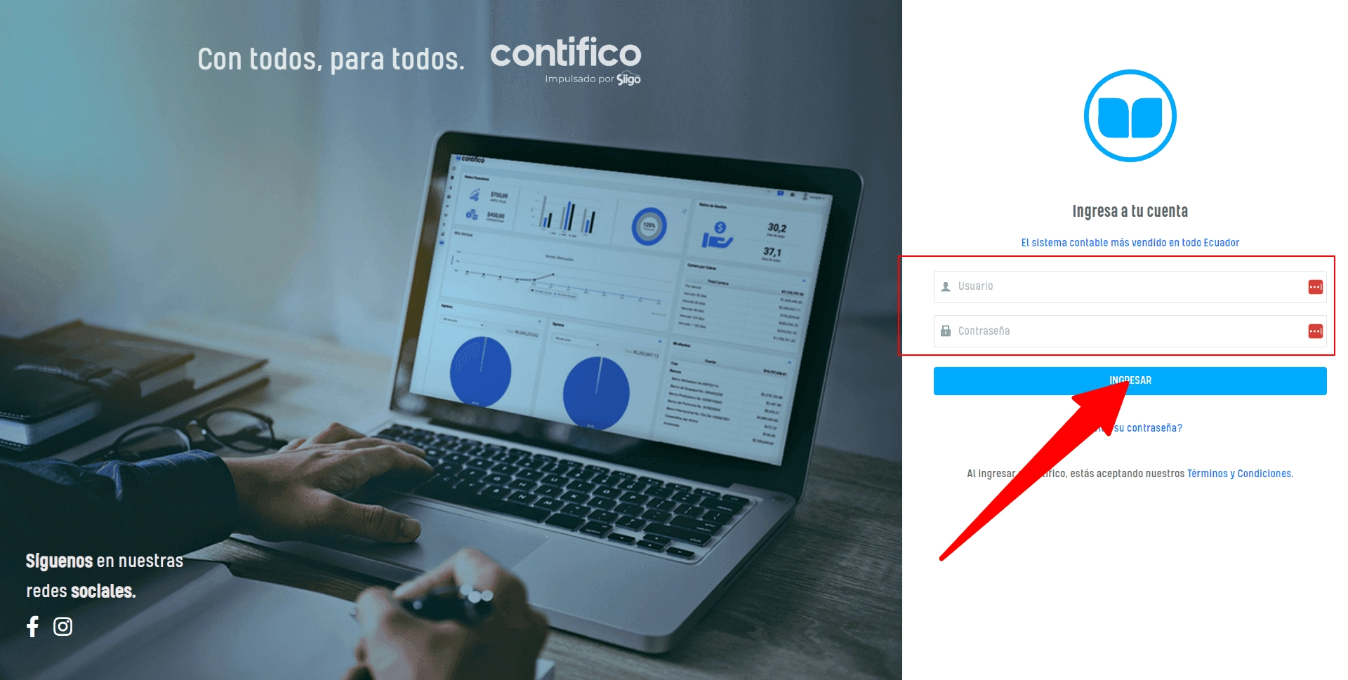 Pantalla de ingreso a Contifico
