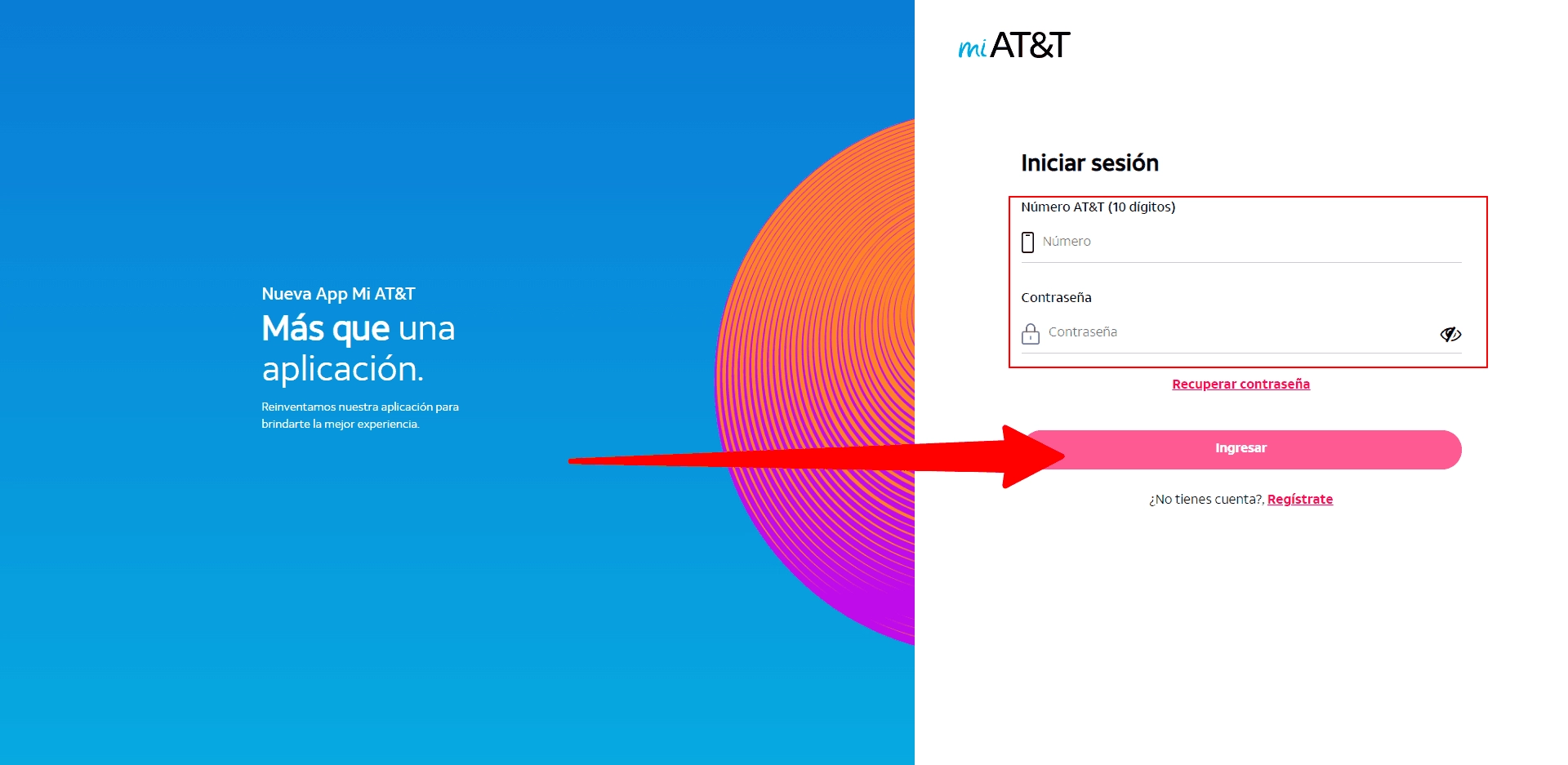 Interfaz de inicio de sesión en Mi AT&T