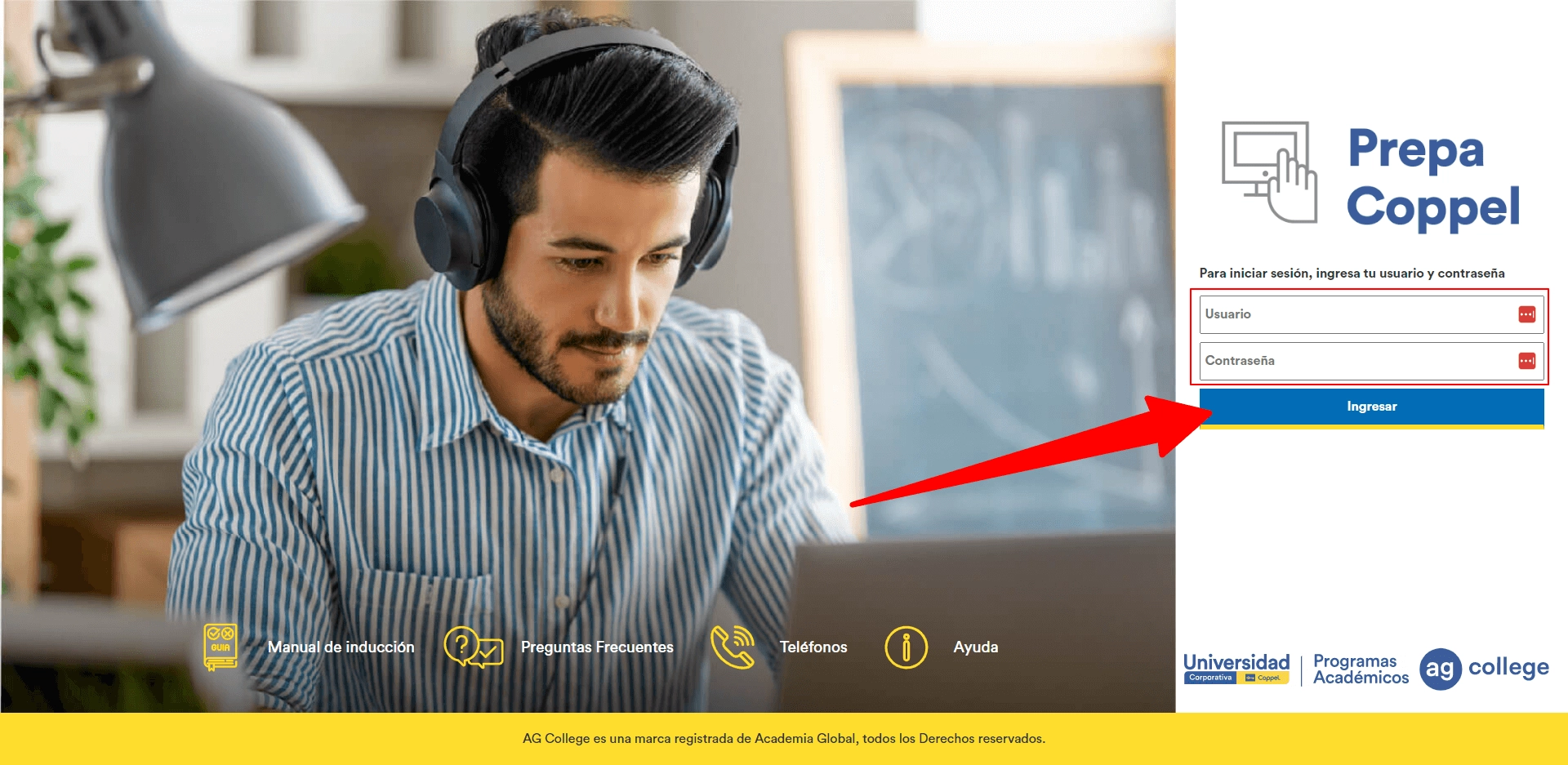 Interfaz de login de Prepa Coppel AG College