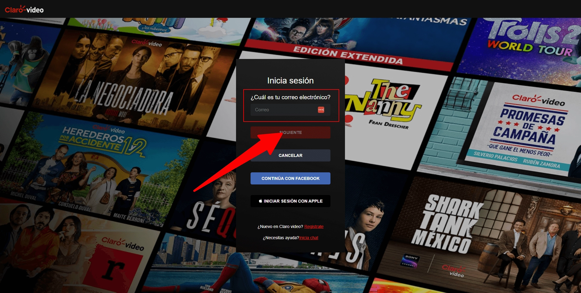 Pantalla de inicio de sesión en Claro Video