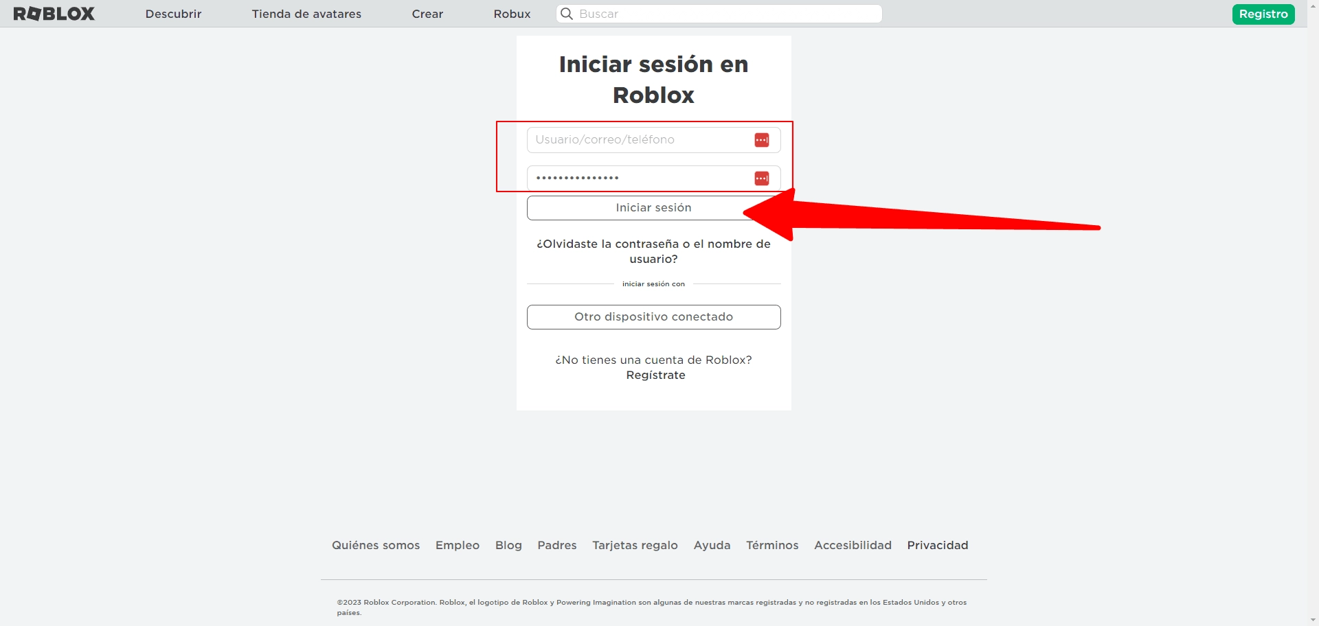 Pantalla de inicio de sesión en Roblox