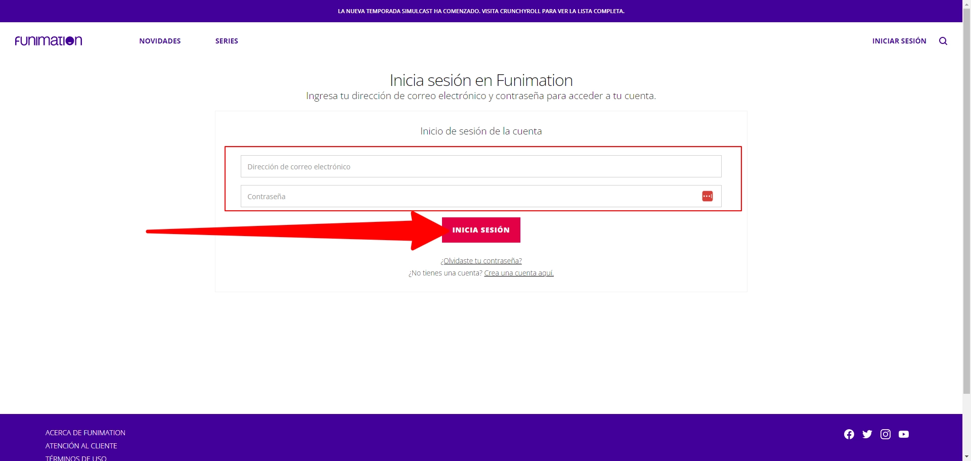 Pantalla de inicio de sesión en Funimation